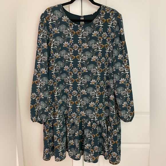 Caslon Long Sleeve Crewneck A-Line Shift Midi Dress, Green Yellow Floral Size 3X - Picture 1 of 10